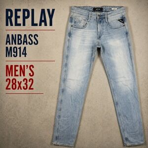 Replay Anbass M914 Mens‎ Slim Fit Light Wash Stretch Jeans Size 28x32